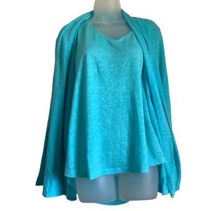 J. Jill Love Linen 2 Piece Set Turquoise Blue Tank Top Cardigan L 100% Linen